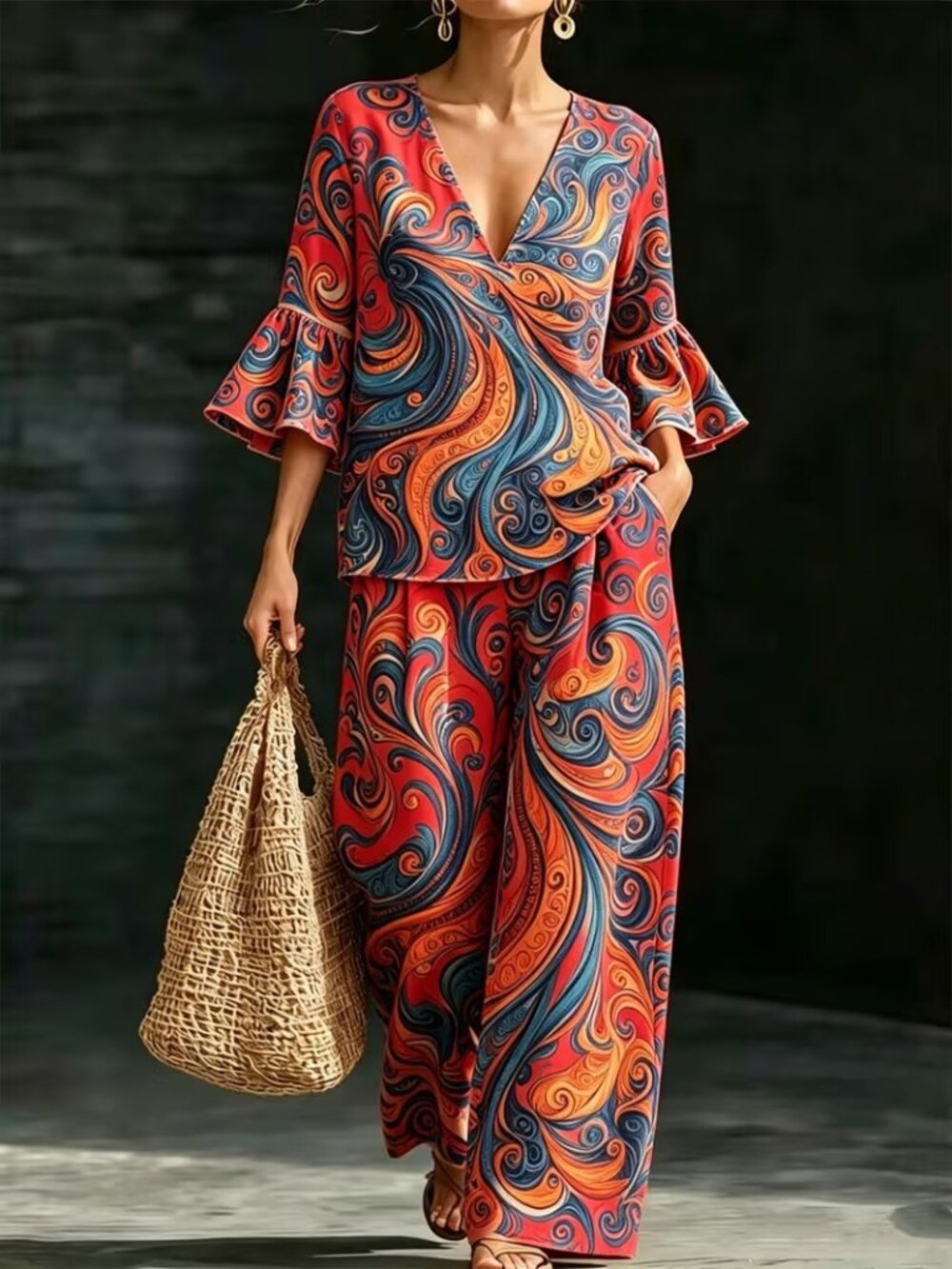 Retro Geometric Print 2 Piece Ruffle Sleeve Wide Leg Pant Set XXL